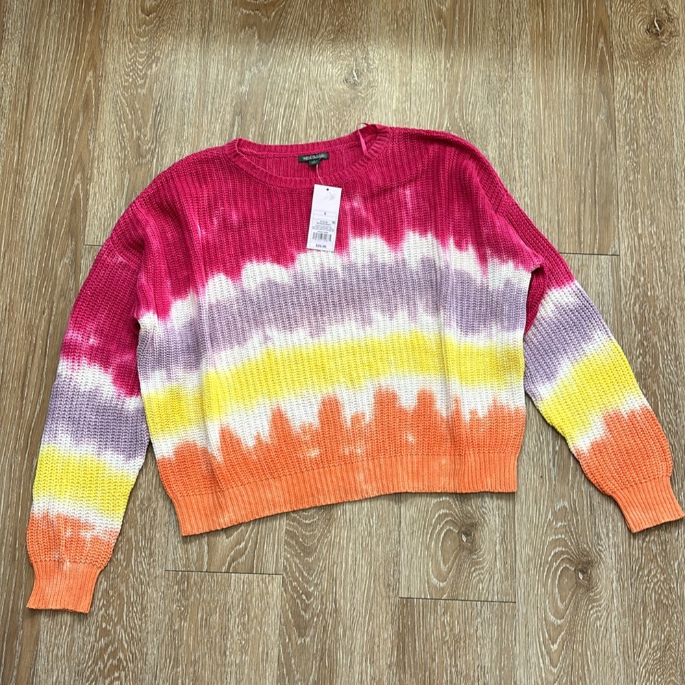 Wild Fable pink/purple/yellow/orange tie dye sweater, size small, cotton blend